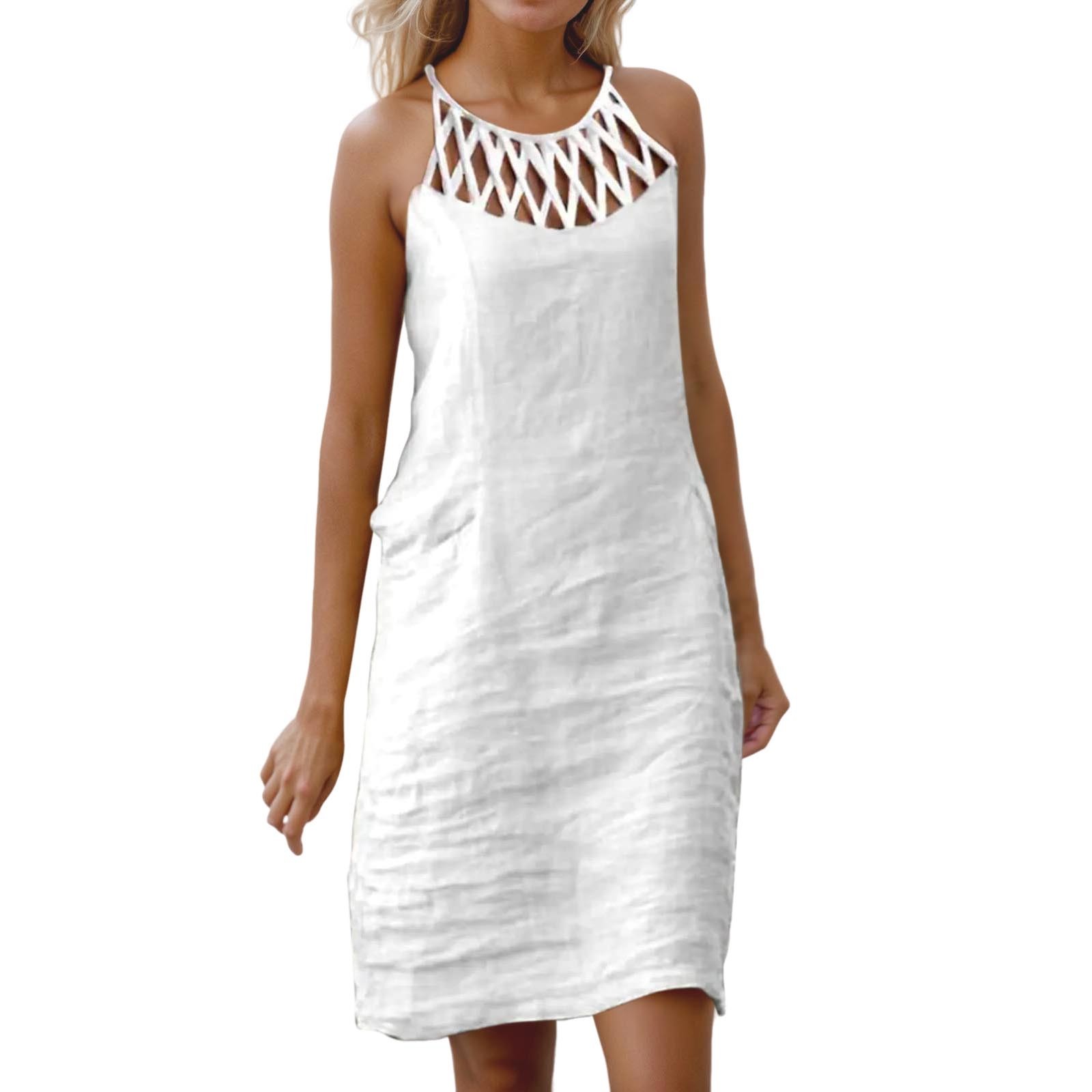 thumbnail image 1 of Vestido veraniego floral con cuello hueco y corte A para mujer 2025: vestido informal de playa con bolsillos, 1 of 5